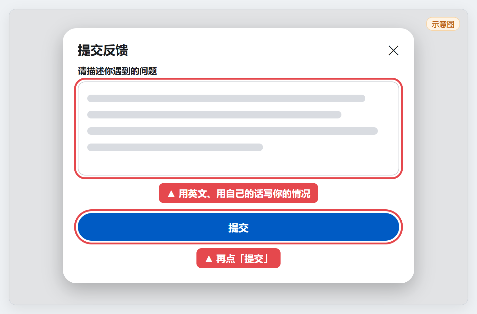 在反馈表单里用英文说明情况